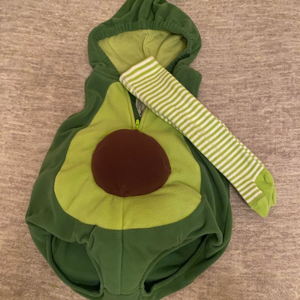 Green Avocado Baby Costume with Striped Sock